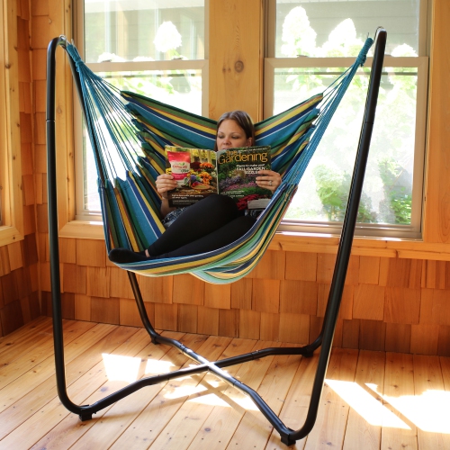 Sunnydaze Cotton Hammock Chair with Space Saving Steel Stand - Ocean Breeze