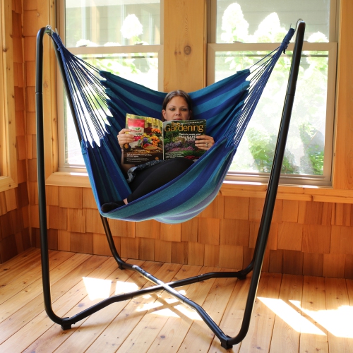 Sunnydaze Cotton Hammock Chair with Space Saving Steel Stand - Beach Oasis