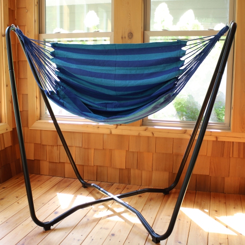 Sunnydaze Cotton Hammock Chair with Space Saving Steel Stand - Beach Oasis