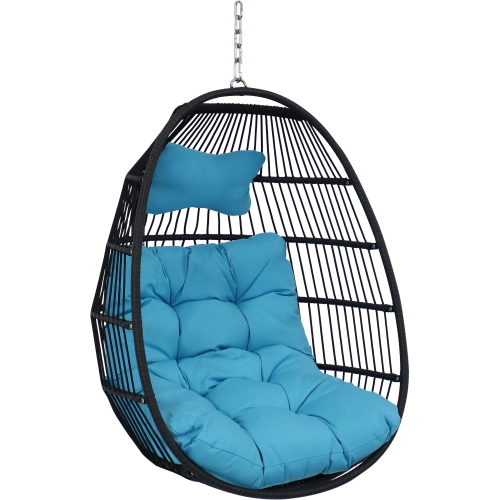 Sunnydaze Black Polyethylene Wicker Hanging Egg Chair with Cushions - Blue