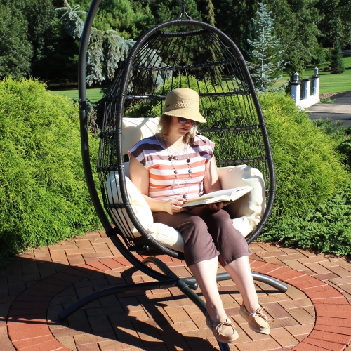 Sunnydaze Black Resin Wicker Hanging Egg Chair with Cushions - Cream