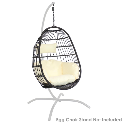 Sunnydaze Black Resin Wicker Hanging Egg Chair with Cushions - Cream