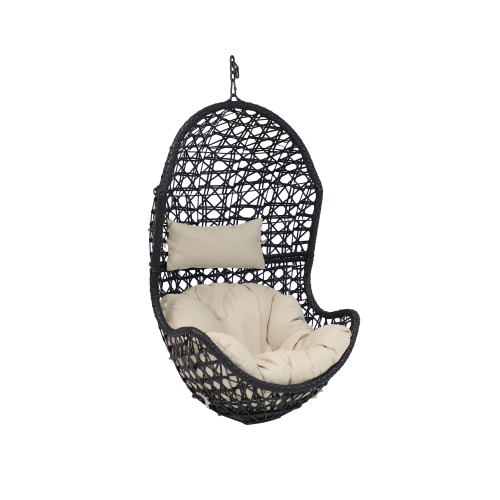 Sunnydaze Black Resin Wicker Basket Hanging Egg Chair with Cushions - Beige