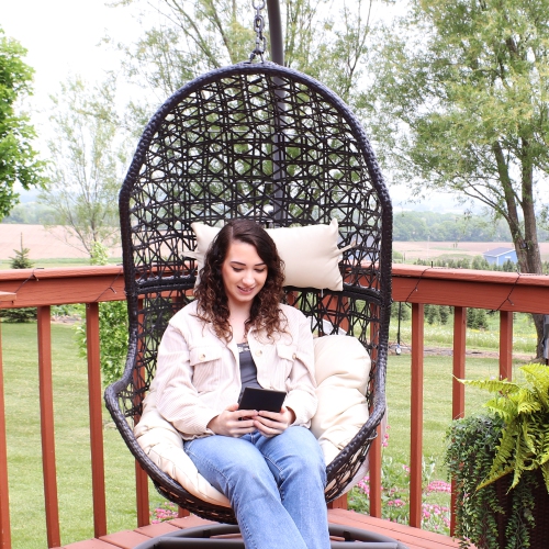 Sunnydaze – Chaise à œuf suspendue Cordelia – Résine en osier – Coussins beige