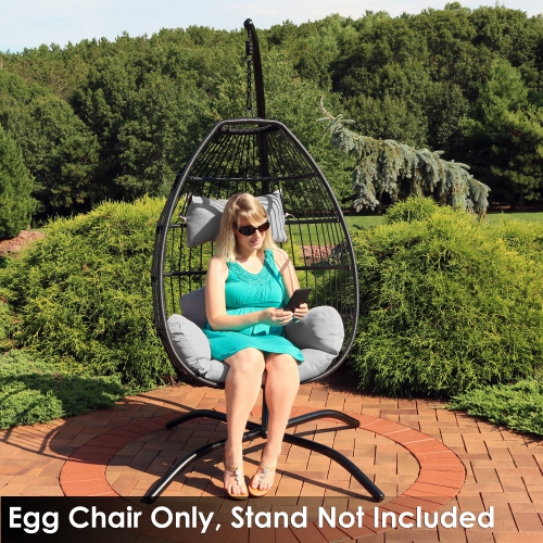 Sunnydaze Black Resin Wicker Hanging Egg Chair with Cushions - Gray