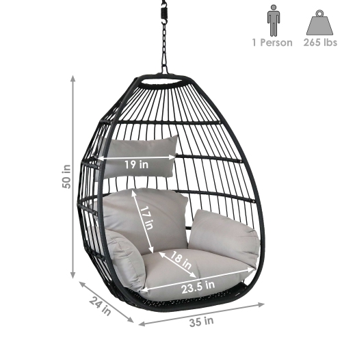 Sunnydaze Black Resin Wicker Hanging Egg Chair with Cushions - Gray