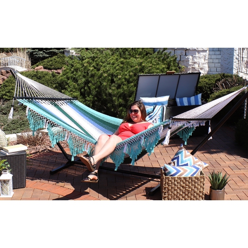 Sunnydaze Large Woven Hammock with Spreader Bar and Fringe - Lagoon Stripes