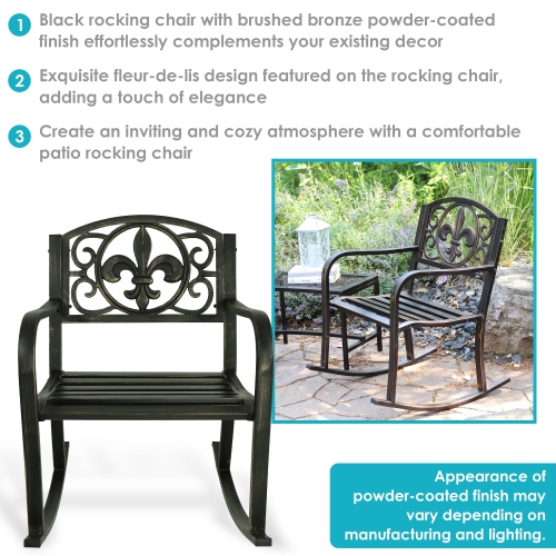 Sunnydaze Fleur-de-Lis Cast Iron and Steel Outdoor Rocking Chair - Black