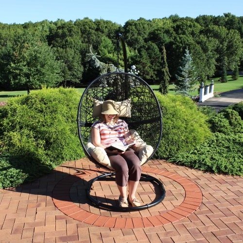 Sunnydaze Resin Wicker Hanging Egg Chair with Steel Stand/Cushion - Beige