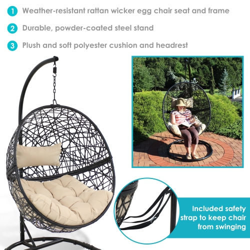 Sunnydaze Resin Wicker Hanging Egg Chair with Steel Stand/Cushion - Beige