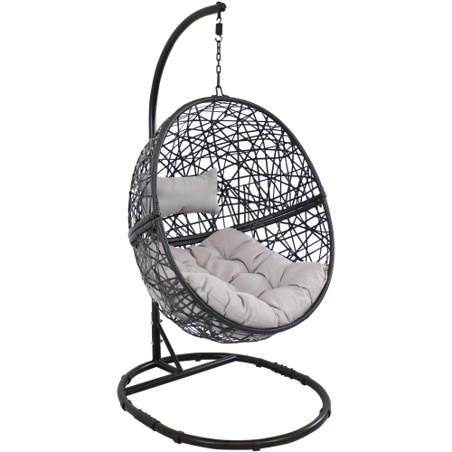 Sunnydaze Resin Wicker Hanging Egg Chair with Steel Stand/Cushion - Gray