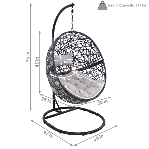Sunnydaze Resin Wicker Hanging Egg Chair with Steel Stand/Cushion - Gray