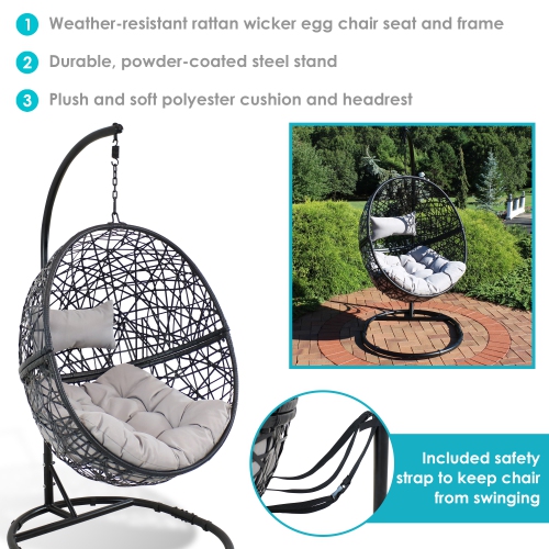 Sunnydaze Resin Wicker Hanging Egg Chair with Steel Stand/Cushion - Gray