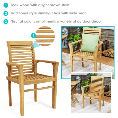Sunnydaze Solid Teak Wood Patio Slat-Back Dining Armchair