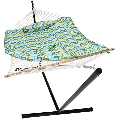SUNNYDAZE DECOR  Sunnydaze Large Rope Hammock With Steel Stand And Pad/pillow - Blue/green