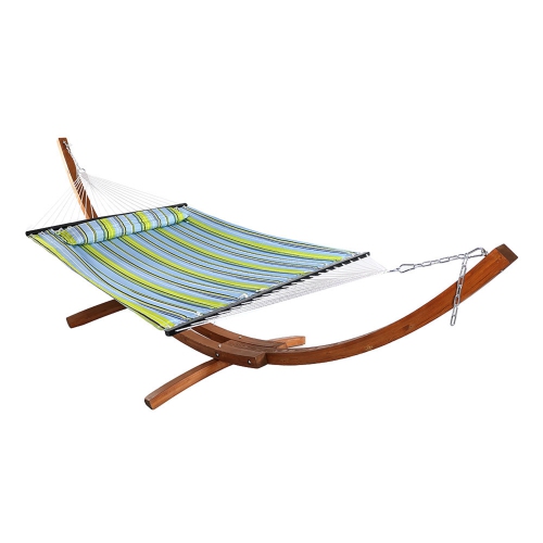 Sunnydaze 2-Person Quilted Hammock with Curved Wooden Stand - Blue/Green