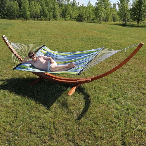 Sunnydaze 2-Person Quilted Hammock with Curved Wooden Stand - Blue/Green