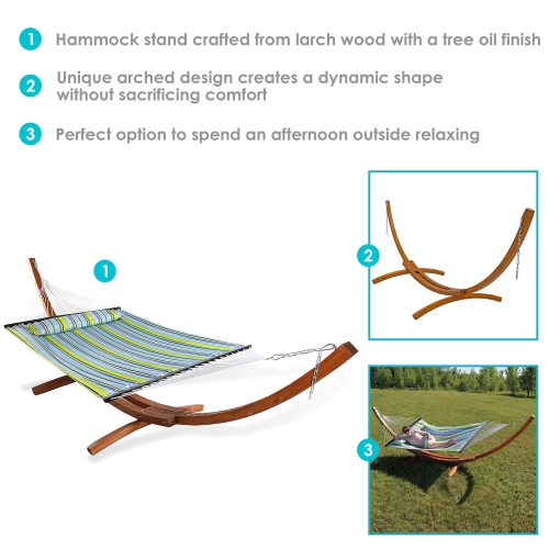 Sunnydaze 2-Person Quilted Hammock with Curved Wooden Stand - Blue/Green