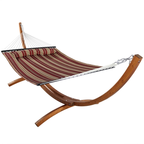 SUNNYDAZE DECOR  Sunnydaze 2-Person Quilted Hammock With Curved Wooden Stand - Stripe In Red