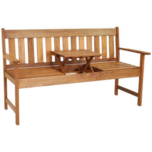 SUNNYDAZE DECOR  Sunnydaze 2-Person Meranti Wood Outdoor Bench With Pop-Up Table