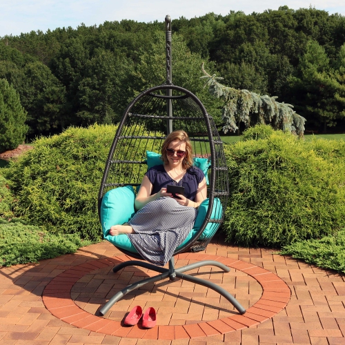 Sunnydaze Resin Wicker Hanging Egg Chair with Steel Stand/Cushions - Blue