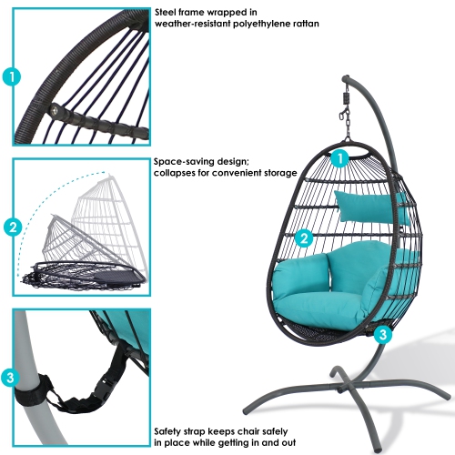 Sunnydaze Resin Wicker Hanging Egg Chair with Steel Stand/Cushions - Blue