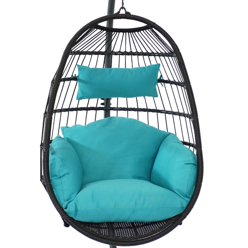 Sunnydaze Resin Wicker Hanging Egg Chair with Steel Stand/Cushions - Blue