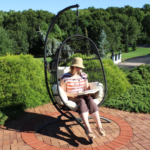 Sunnydaze Resin Wicker Hanging Egg Chair with Steel Stand/Cushions - Cream