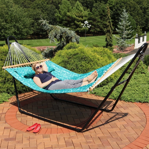 Sunnydaze Large Quilted Hammock with Spreader Bar and Pillow - Blue Tropics