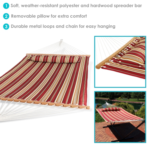 Sunnydaze Large Quilted Hammock with Spreader Bar and Pillow - Red Stripe