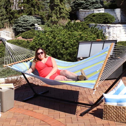 Sunnydaze Large Quilted Fabric Hammock with Spreader Bars - Blue and Green