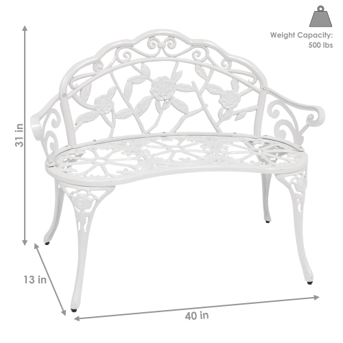 Sunnydaze 2-Person Classic Rose Cast Aluminum Outdoor Garden Bench - White