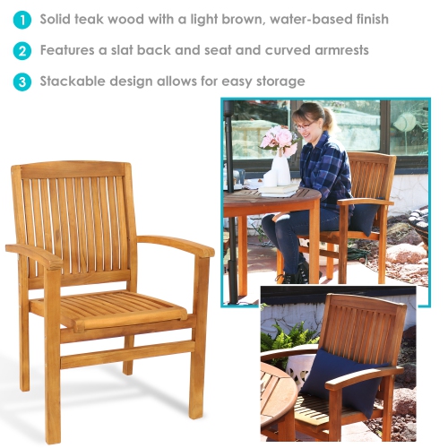 Sunnydaze Solid Teak Wood Stackable Outdoor Dining Armchair - Light Brown