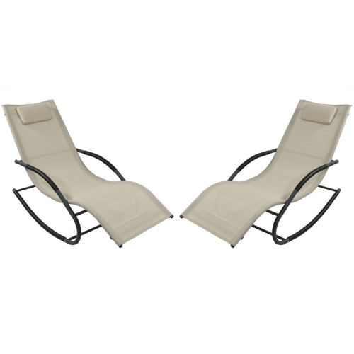 Sunnydaze Sling Outdoor Rocking Wave Lounger with Pillow - Beige - Set of 2