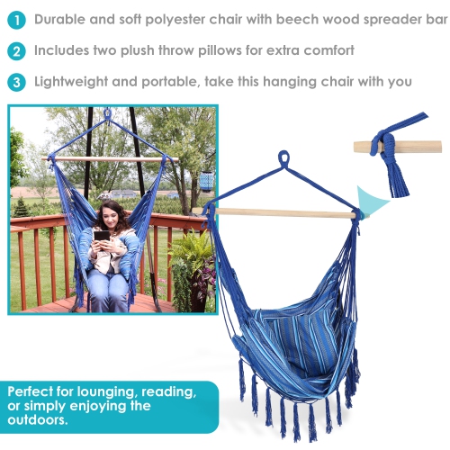 Sunnydaze Polyester Hammock Chair with Cushions and Fringe - Blue Stripes