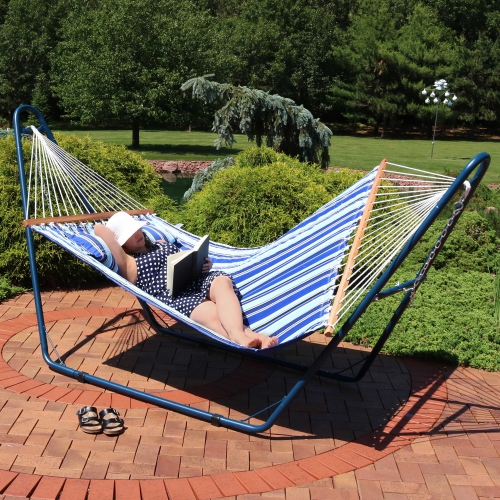 Sunnydaze 2-Person Quilted Hammock with Universal Steel Blue Stand - Beach