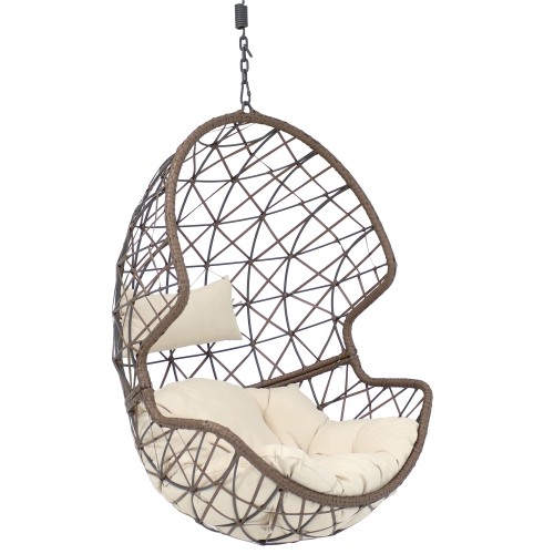 Sunnydaze Brown Resin Wicker Basket Hanging Egg Chair with Cushions - Beige