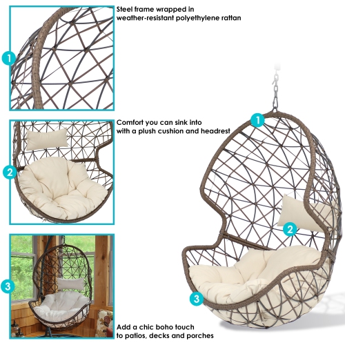 Sunnydaze Brown Resin Wicker Basket Hanging Egg Chair with Cushions - Beige