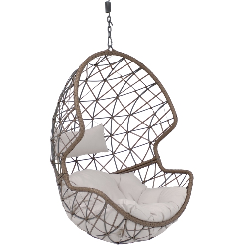 Sunnydaze Brown Resin Wicker Basket Hanging Egg Chair with Cushions - Gray