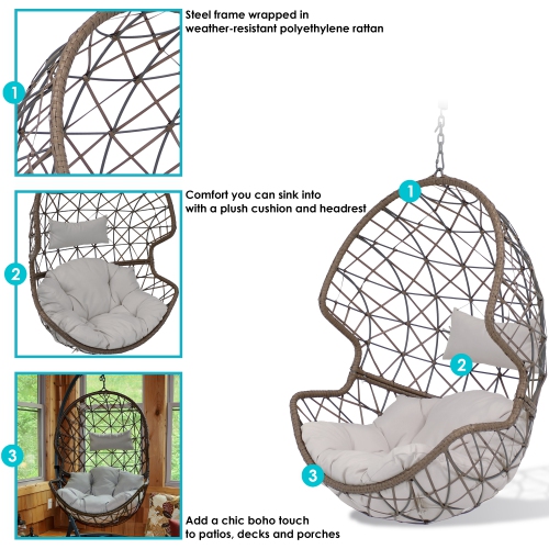 Sunnydaze Brown Resin Wicker Basket Hanging Egg Chair with Cushions - Gray
