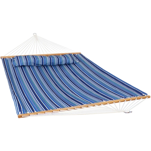 Sunnydaze Large Quilted Hammock with Spreader Bar and Pillow - Blue Stripe