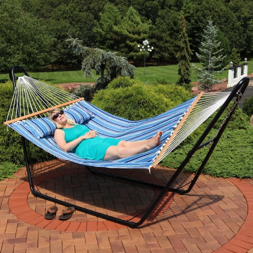 Sunnydaze Large Quilted Hammock with Spreader Bar and Pillow - Blue Stripe