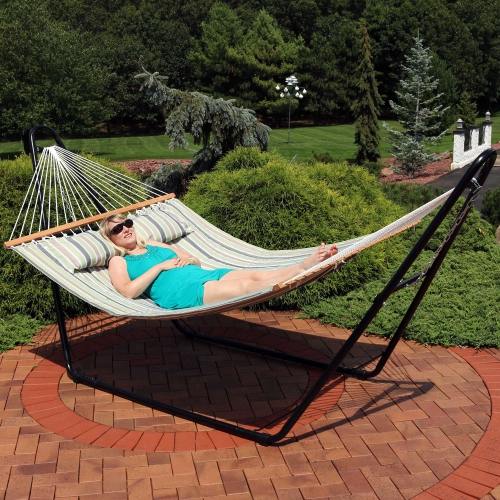 Sunnydaze Large Quilted Hammock with Spreader Bar and Pillow - Khaki Stripe