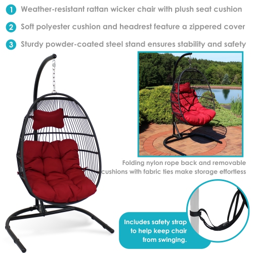 Sunnydaze Resin Wicker Hanging Egg Chair with Steel Stand/Cushions - Red