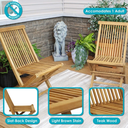Sunnydaze Hyannis Solid Teak Wood Folding Slat-Back Patio Chair - Set of 2