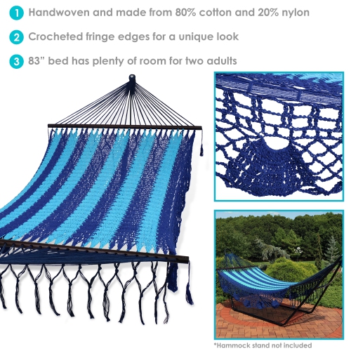 Sunnydaze 2-Person Woven Rope Hammock with Spreader Bars and Fringe - Blue