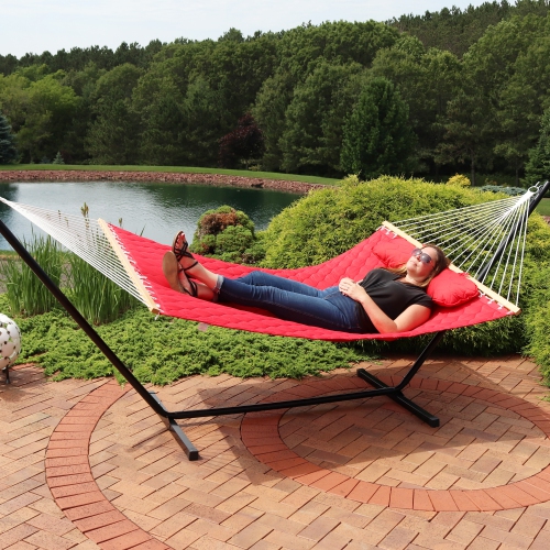 Sunnydaze 2-Person Quilted Fabric Hammock with Steel Stand - Red