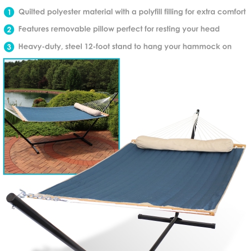 Sunnydaze 2-Person Quilted Fabric Hammock with Steel Stand - Tidal Wave