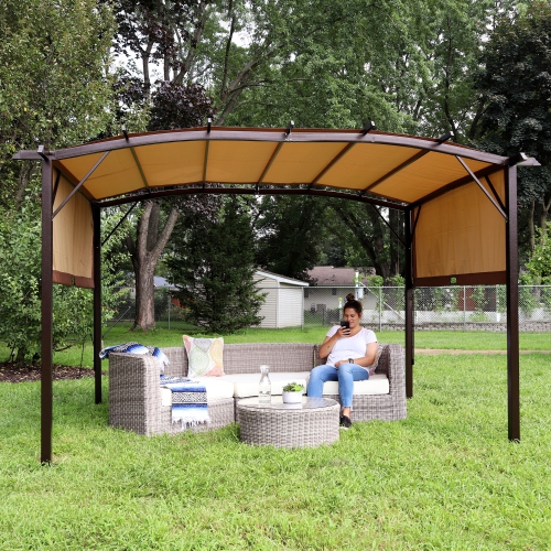 Sunnydaze 9 ft x 12 ft Metal Arched Pergola with Retractable Canopy - Tan