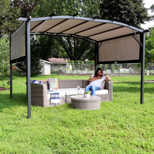 Sunnydaze 9 ft x 12 ft Metal Arched Pergola with Retractable Canopy - Gray